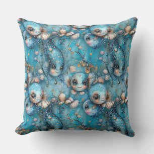 Watercolor sketched surreal monster fish, fairy cr outdoor pillow
