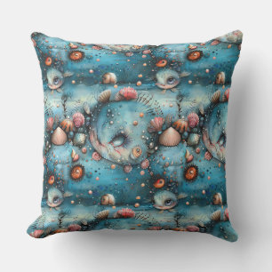 Watercolor sketched surreal monster fish, fairy cr outdoor pillow