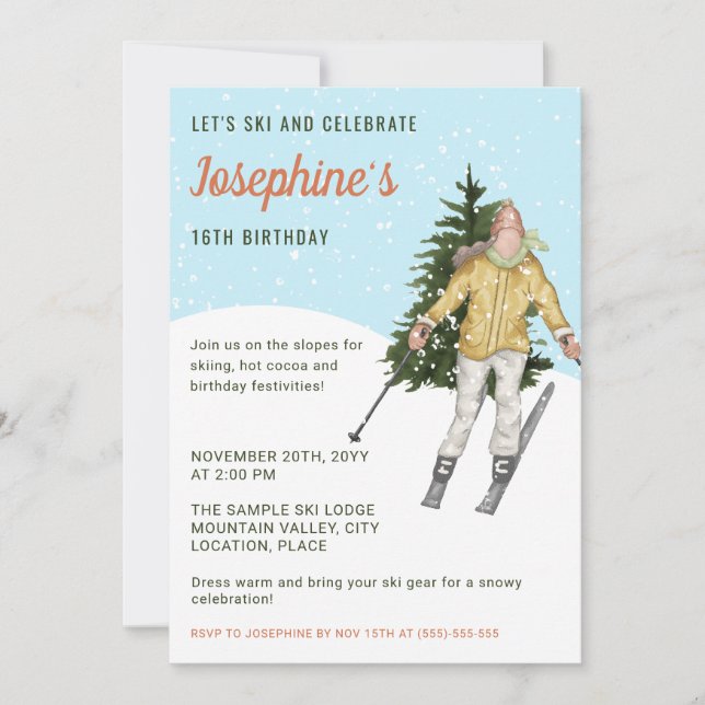 Watercolor Ski Girl Winter Skiing Birthday Party Invitation (Front)