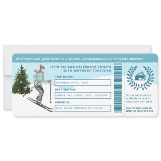 Watercolor Skier Faux Ski Trip Ticket Birthday Invitation