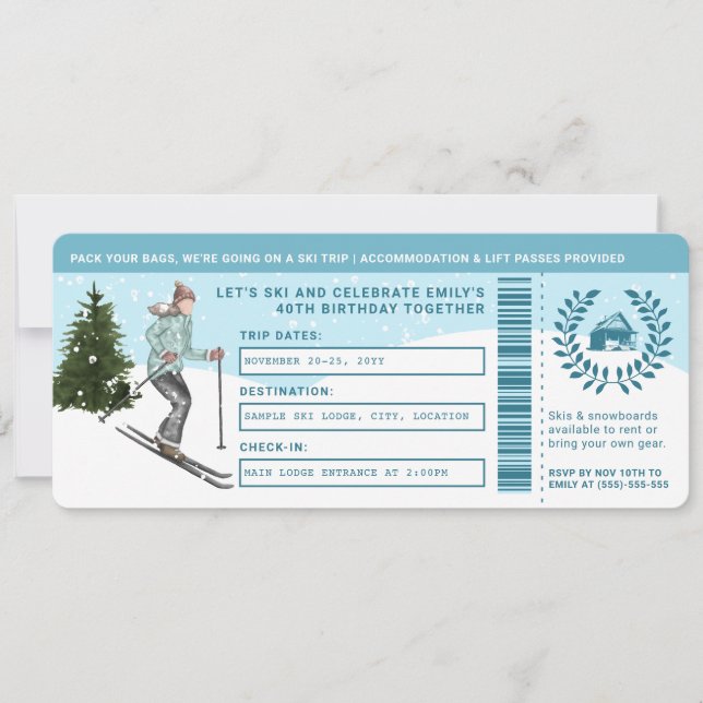 Watercolor Skier Faux Ski Trip Ticket Birthday Invitation (Front)