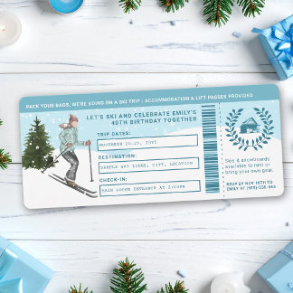 Watercolor Skier Faux Ski Trip Ticket Birthday Invitation