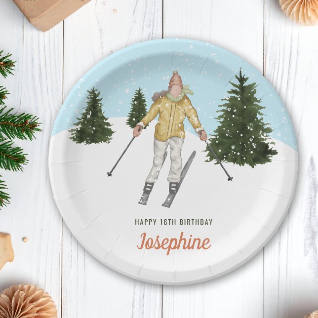 Watercolor Skier Girl And Trees Winter Birthday Paper Plates (Creator Uploaded)