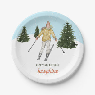 Watercolor Skier Girl And Trees Winter Birthday Paper Plates