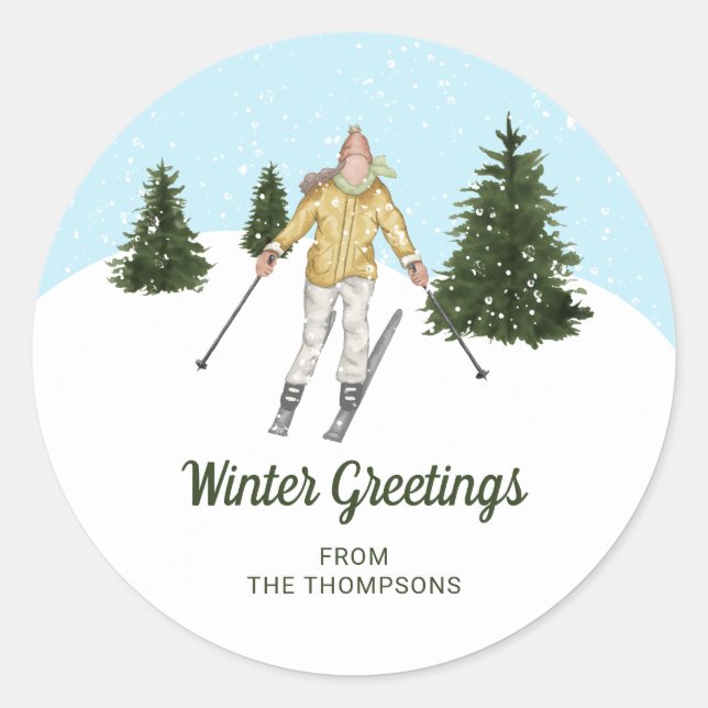 Watercolor Skier Girl Custom Winter Greetings Text Classic Round Sticker (Front)