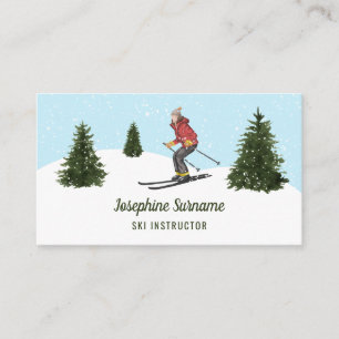 Watercolor Skier Winter Forest Snow Ski Instructor Business Card
