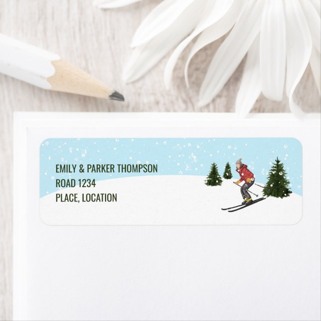 Watercolor Skier Woman On Winter Slopes Custom Label (Insitu)
