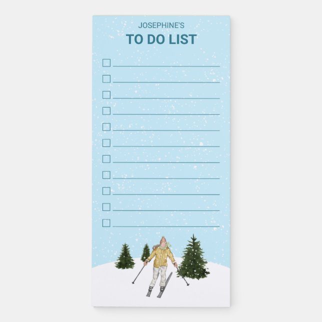 Watercolor Skier Woman Snow Winter Blue To Do List Magnetic Notepad (Front)