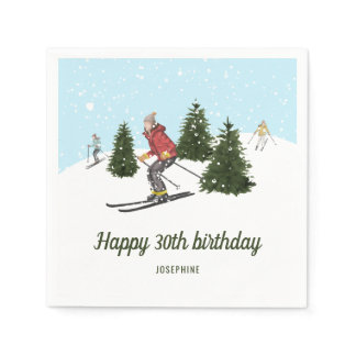 Watercolor Skier Women Winter Birthday Party Napkins