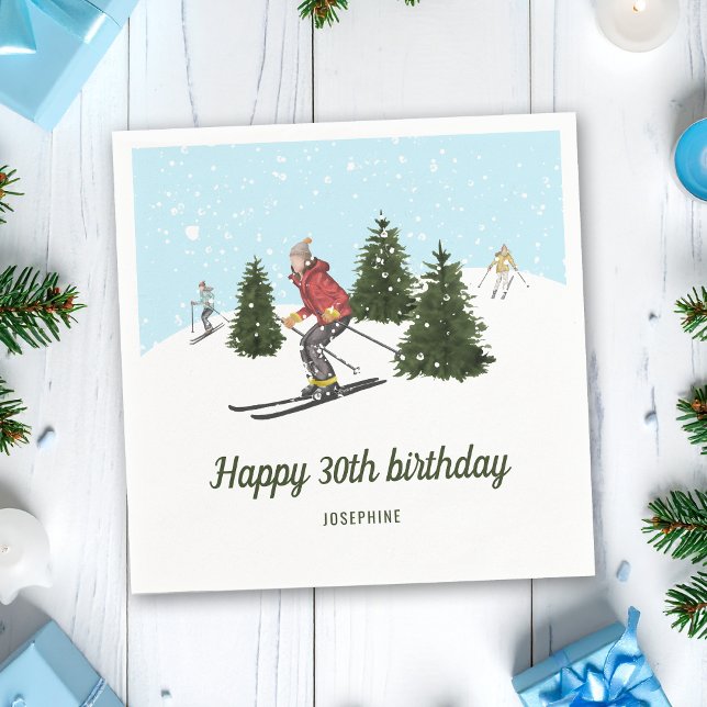 Watercolor Skier Women Winter Birthday Party Napkins (Creator Uploaded)