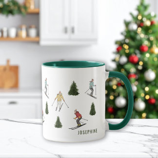 Watercolor Skiers And Fir Trees With Name Festive Mug
