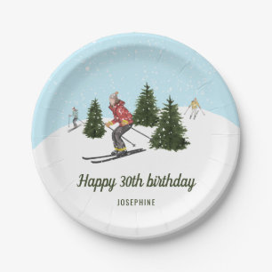 Watercolor Skiers Custom Ski Trip Birthday Party Paper Plates