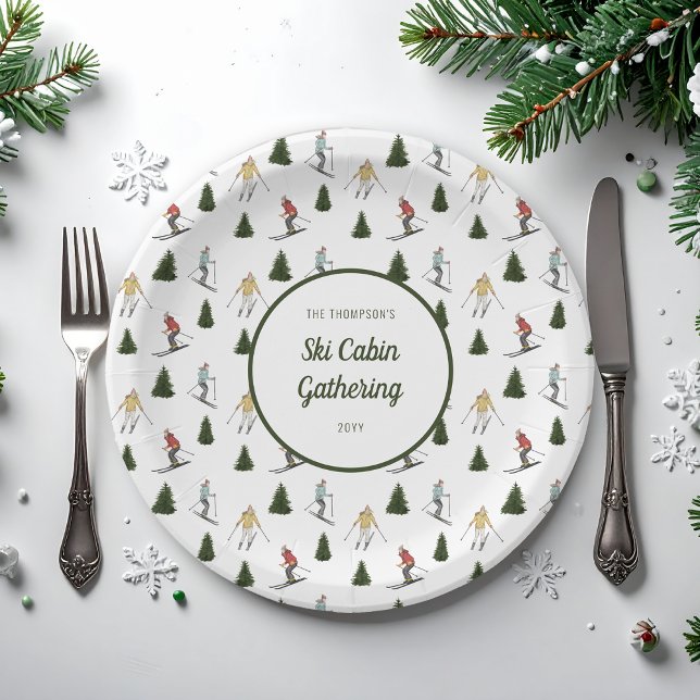 Watercolor Skiers Pattern Winter Ski Cabin Party Paper Plates (Creator Uploaded)