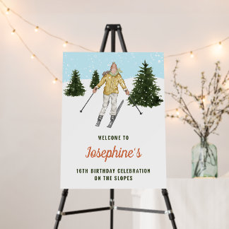 Watercolor Skiing Girl Ski Birthday Party Welcome Foam Board