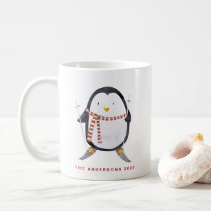 Watercolor Skiing Penguin Personalized Holiday Coffee Mug