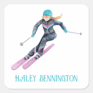 Watercolor Skiing Personalized Square Sticker