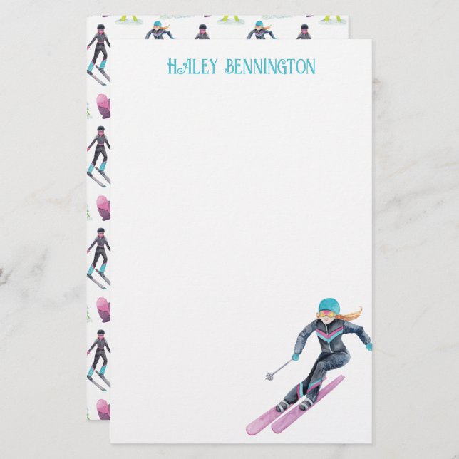 Watercolor Skiing Personalized Stationery (Front/Back)