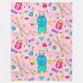 Watercolor Skiing Pika with gear on Pink Snow Fleece Blanket
