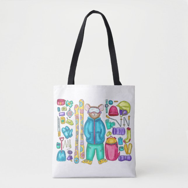 Watercolor Skiing Pika with Gear Tote Bag (Front)