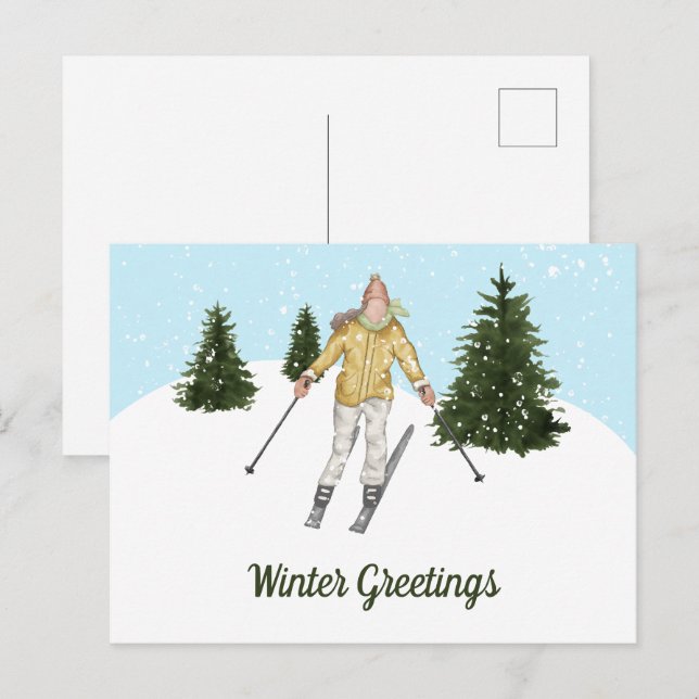 Watercolor Skiing Woman And Trees Winter Greetings Postcard (Front/Back)