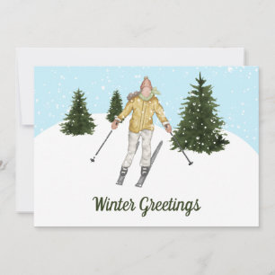 Watercolor Skiing Woman Custom Winter Greetings Holiday Card