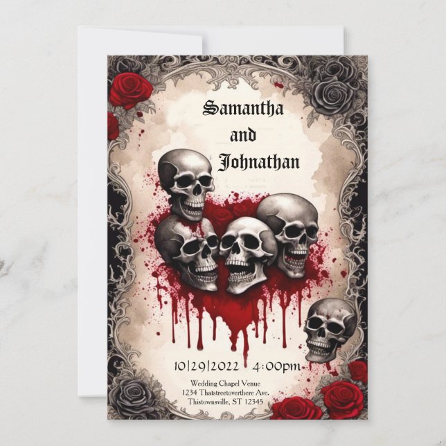Watercolor Skull and Bleeding Heart Goth Wedding Invitation (Front)