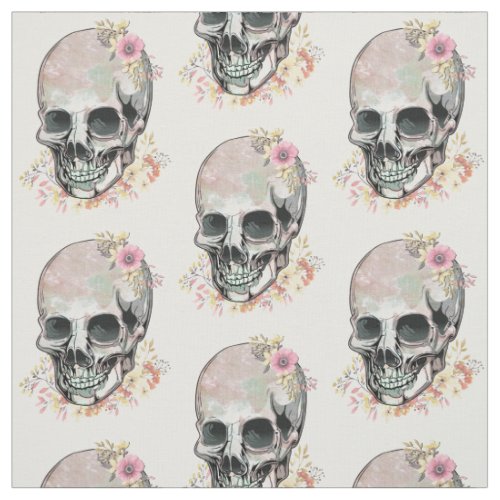 Watercolor skull looking down at autumn flowers fabric