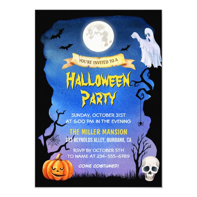Watercolor Skull Pumpkin Spooky Halloween Party Invitation