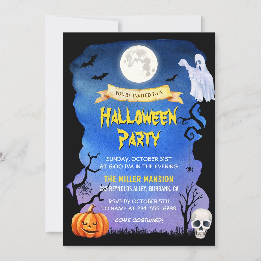 Watercolor Skull Pumpkin Spooky Halloween Party Invitation | Zazzle