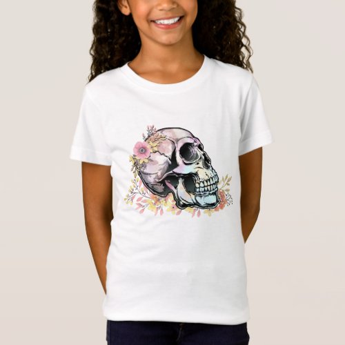 Watercolor skull with autumn flowers T_Shirt