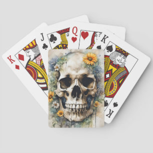 Watercolor Skull with Wildflowers Poker Cards