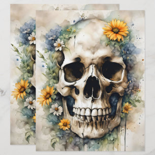 Watercolor Skull with Wildflowers Scrapbook Paper