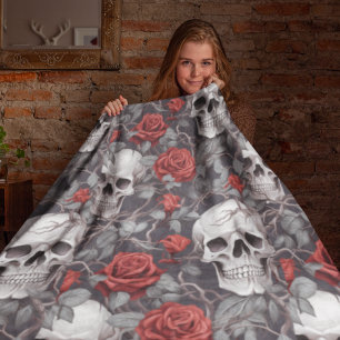 Watercolor Skulls and Roses Red Grey  Fleece Blanket