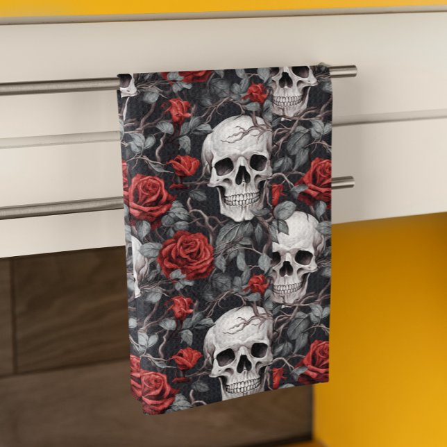 Watercolor Skulls and Roses Red Grey  Kitchen Towel (Creator Uploaded)