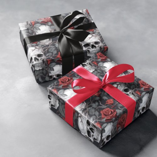 Watercolor Skulls and Roses Red Grey  Wrapping Paper