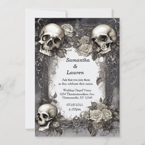 Watercolor Skulls Framed Goth Wedding Invitation