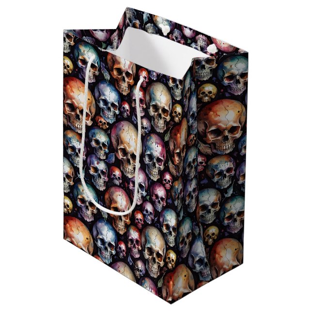 Watercolor Skulls on Black Medium Gift Bag (Front Angled)