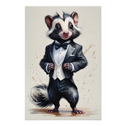 Watercolor Skunk Tuxedo Black Tie Handkerchief  Poster