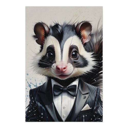 Watercolor Skunk Tuxedo Black Tie Handkerchief  Poster