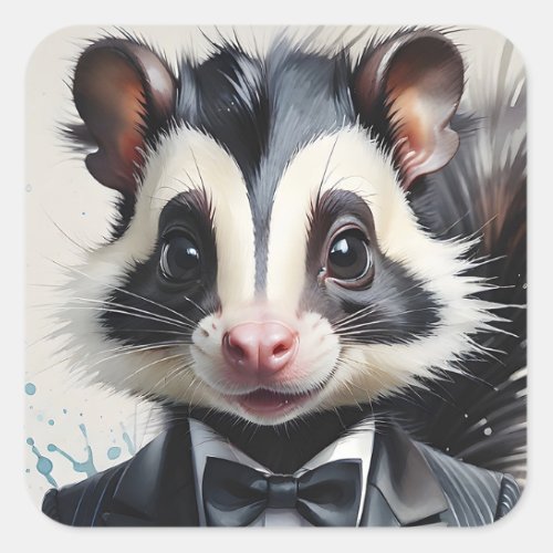 Watercolor Skunk Tuxedo Black Tie Handkerchief  Square Sticker