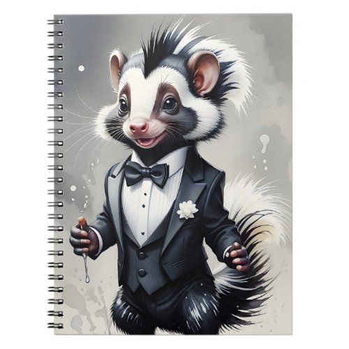 Watercolor Skunk Tuxedo Black Tie White Flower  Notebook