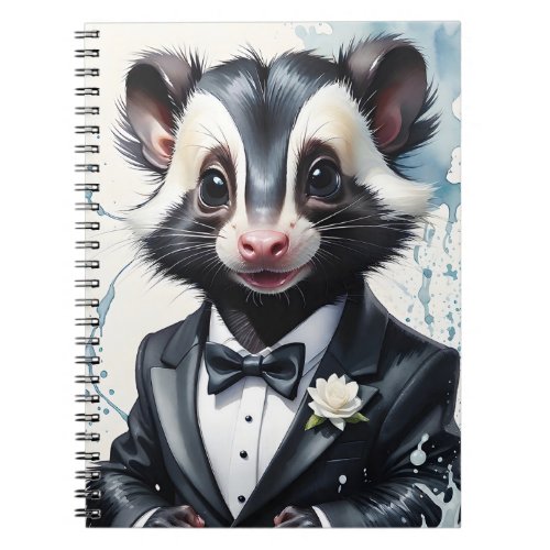 Watercolor Skunk Tuxedo Black Tie White Flower  Notebook