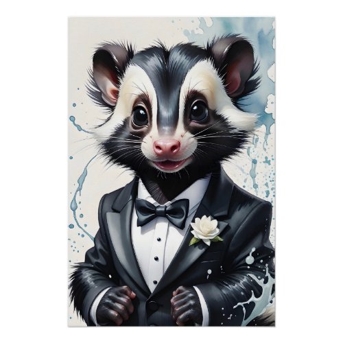 Watercolor Skunk Tuxedo Black Tie White Flower  Poster