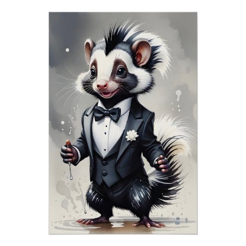 Watercolor Skunk Tuxedo Black Tie White Flower  Poster