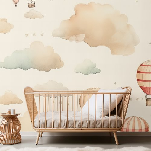 Watercolor Sky Adventure Seamless Pattern on Beige Wallpaper
