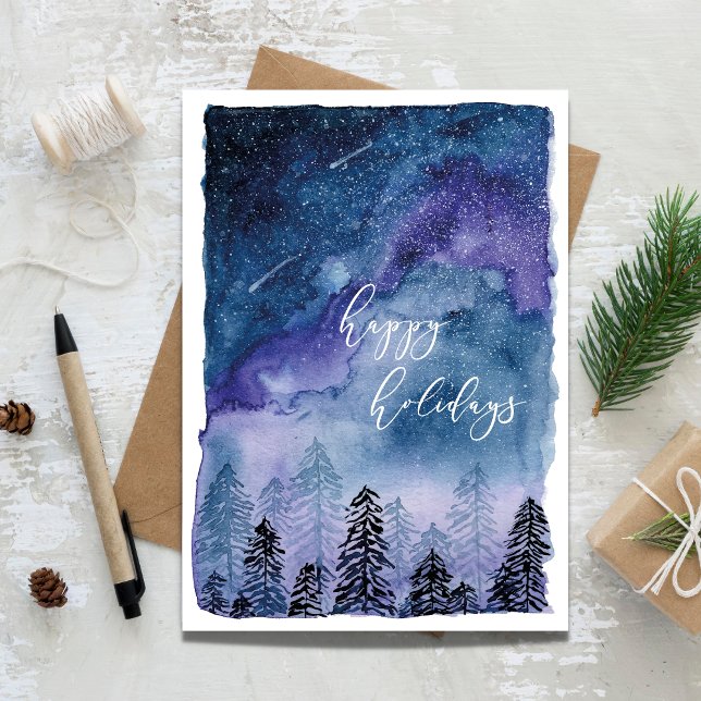 Watercolor Sky and Forest | Happy Holidays |  Holiday Card (Watercolor sky Christmas Sky, Happy Holidays)