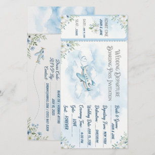 Watercolor Sky Blue boarding pass Wedding Card