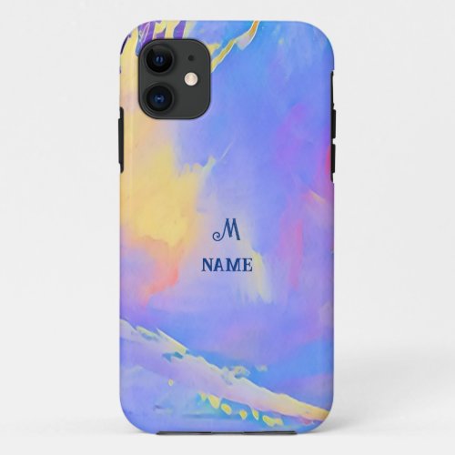 Watercolor Sky Blue Clouds Monogram Personalized iPhone 11 Case