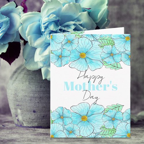 Watercolor Sky Blue Flowers Greenery Mothers Day Card