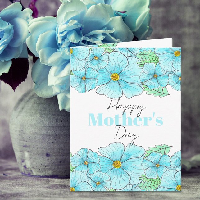 Watercolor Sky Blue Flowers Greenery Mother's Day Card (Creator Uploaded)